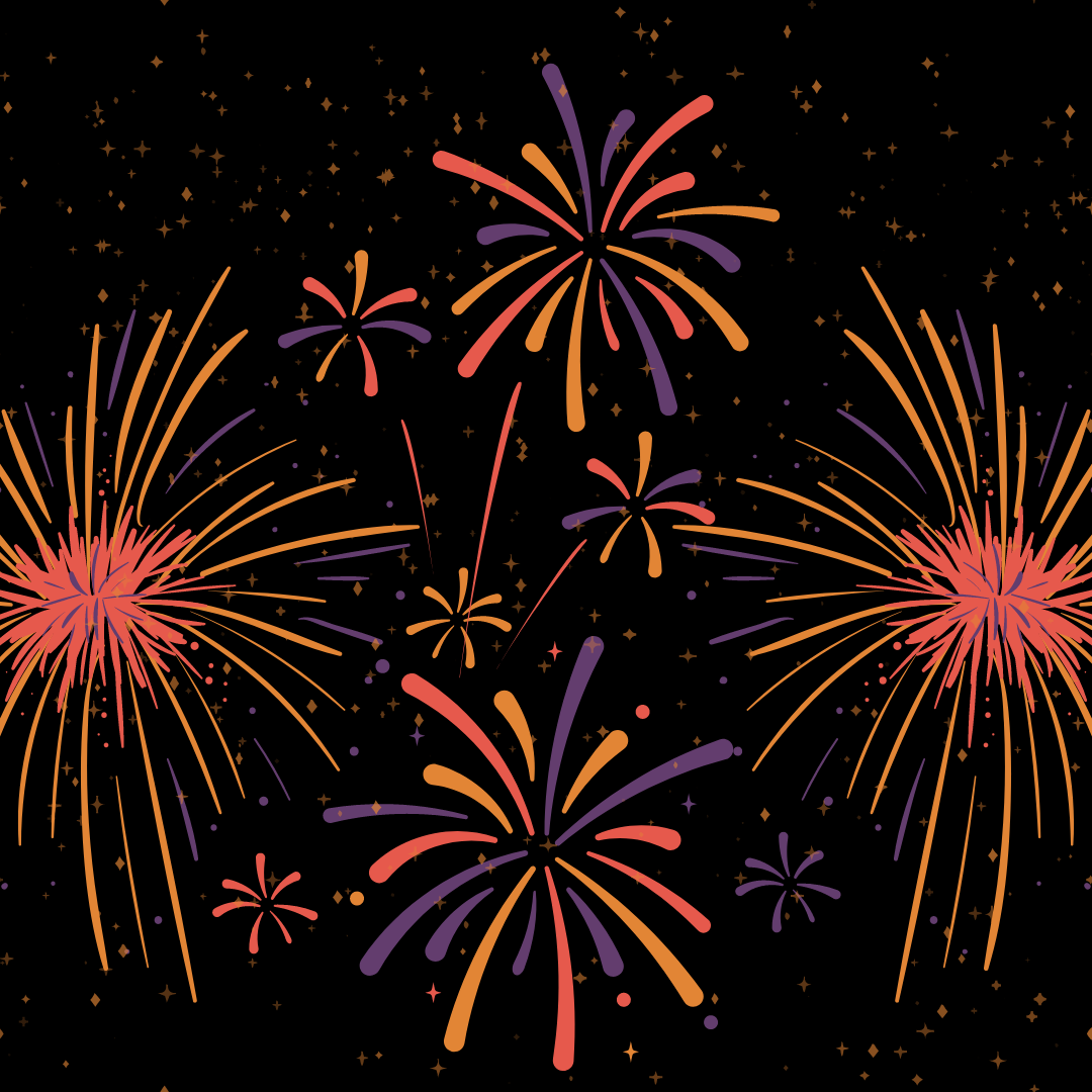 Orange, purple, and red fireworks on a black background
