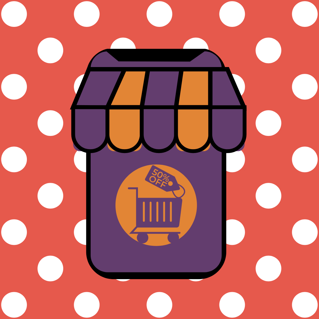 Purple and orange mobile shop with red and white polkadot background