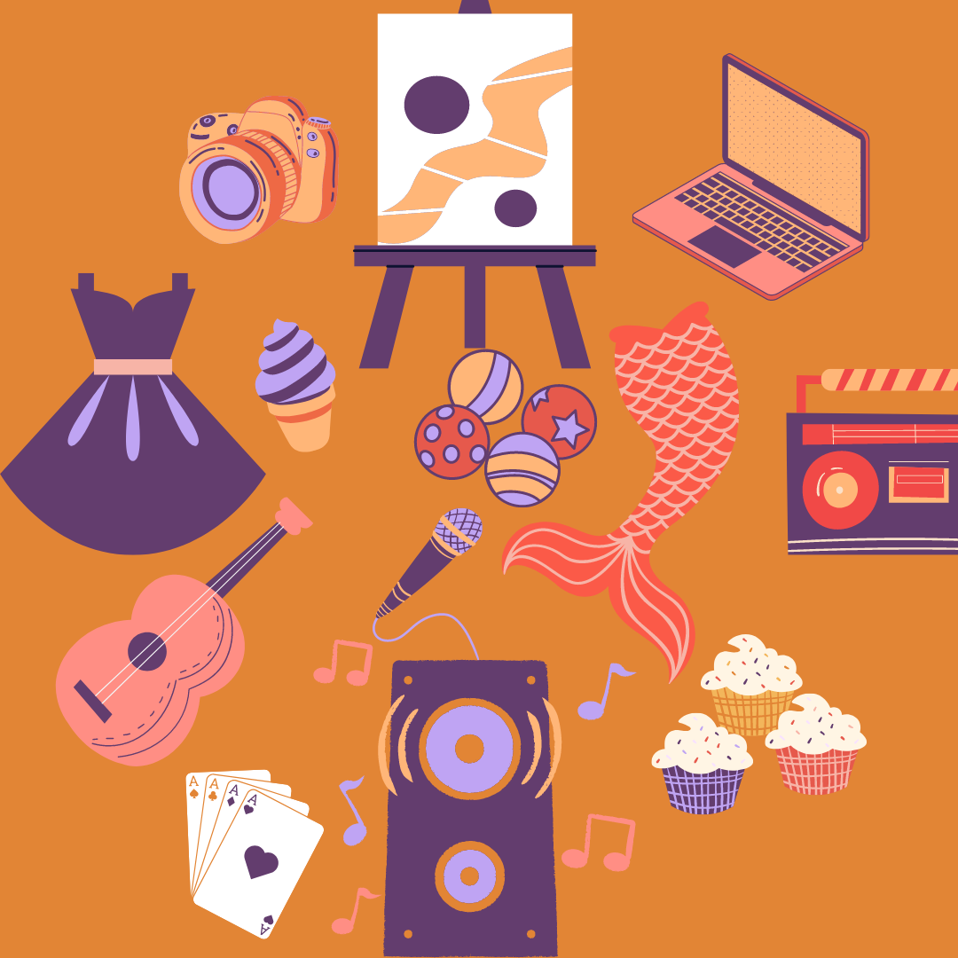 Various performance props and equipment on orange background