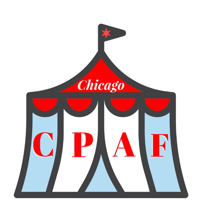 CPAF writeen on a blue and white circus tent with a red top