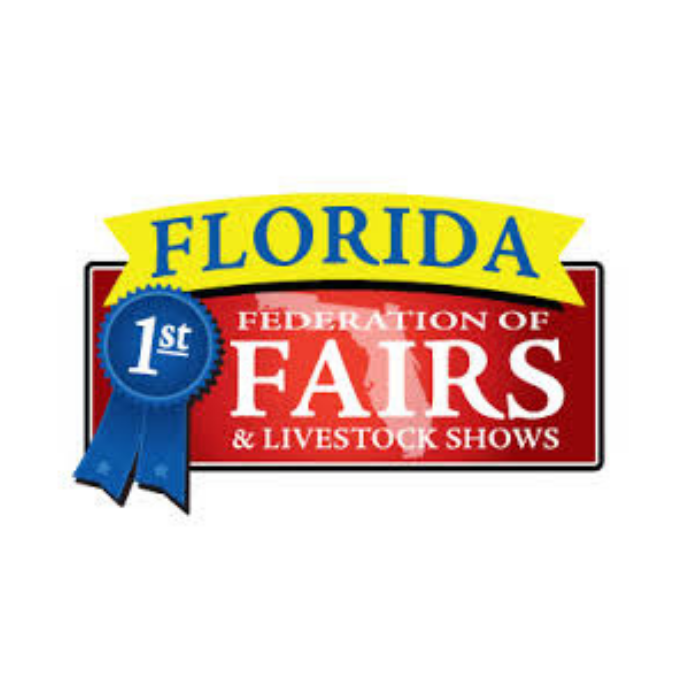 Florida Federation of Fairs and Livestock shows on red and yellow banner with blue #1 ribbon