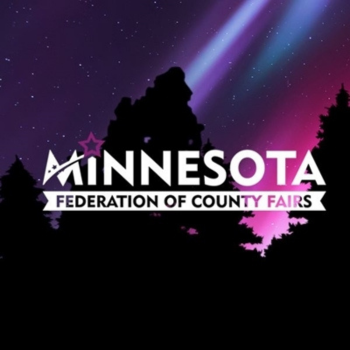Minnesota Federation of County Fairs in white with northern lights background and shadowed trees