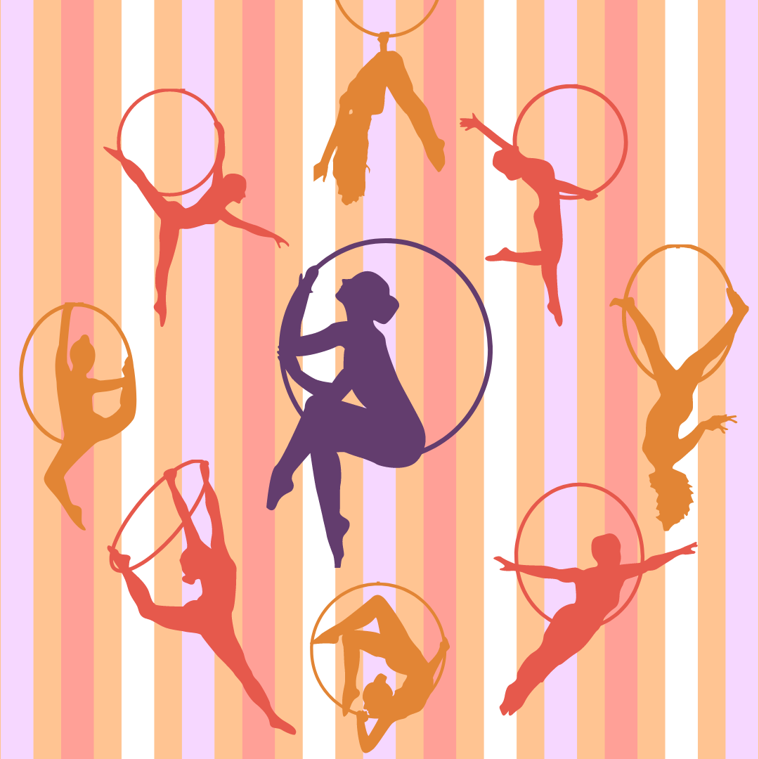 lilac, orange, white, and pink striped background with pink, orange, and purple aerialists