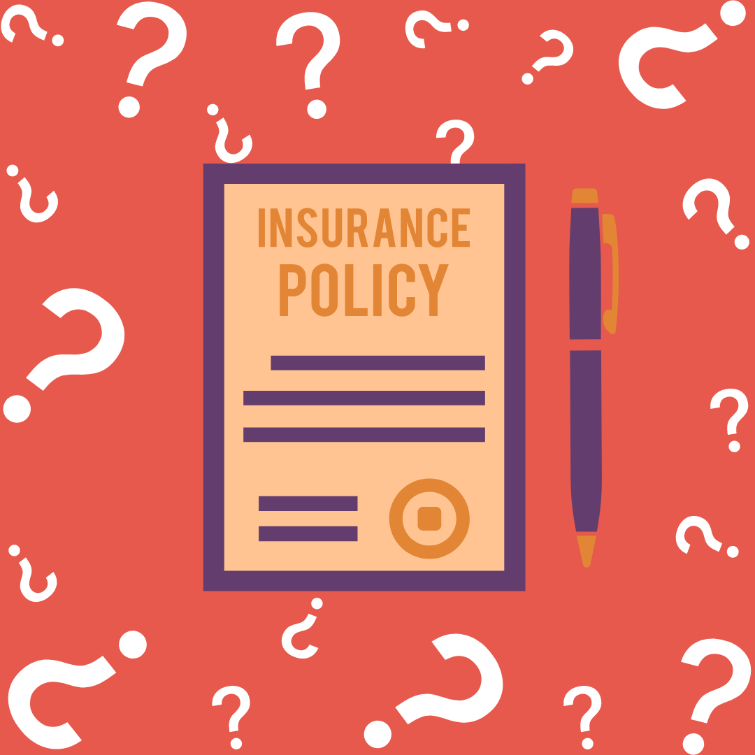 insurance policy on coral background with white question marks