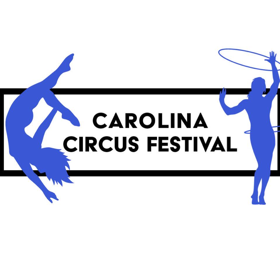 All blue aerialist and hula hooper in a rectangle with the words Carolina Circus Festival inside