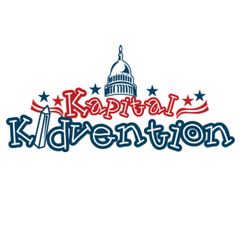 Kaptial Kidvention in red and navy lettering with a navy blue capital building